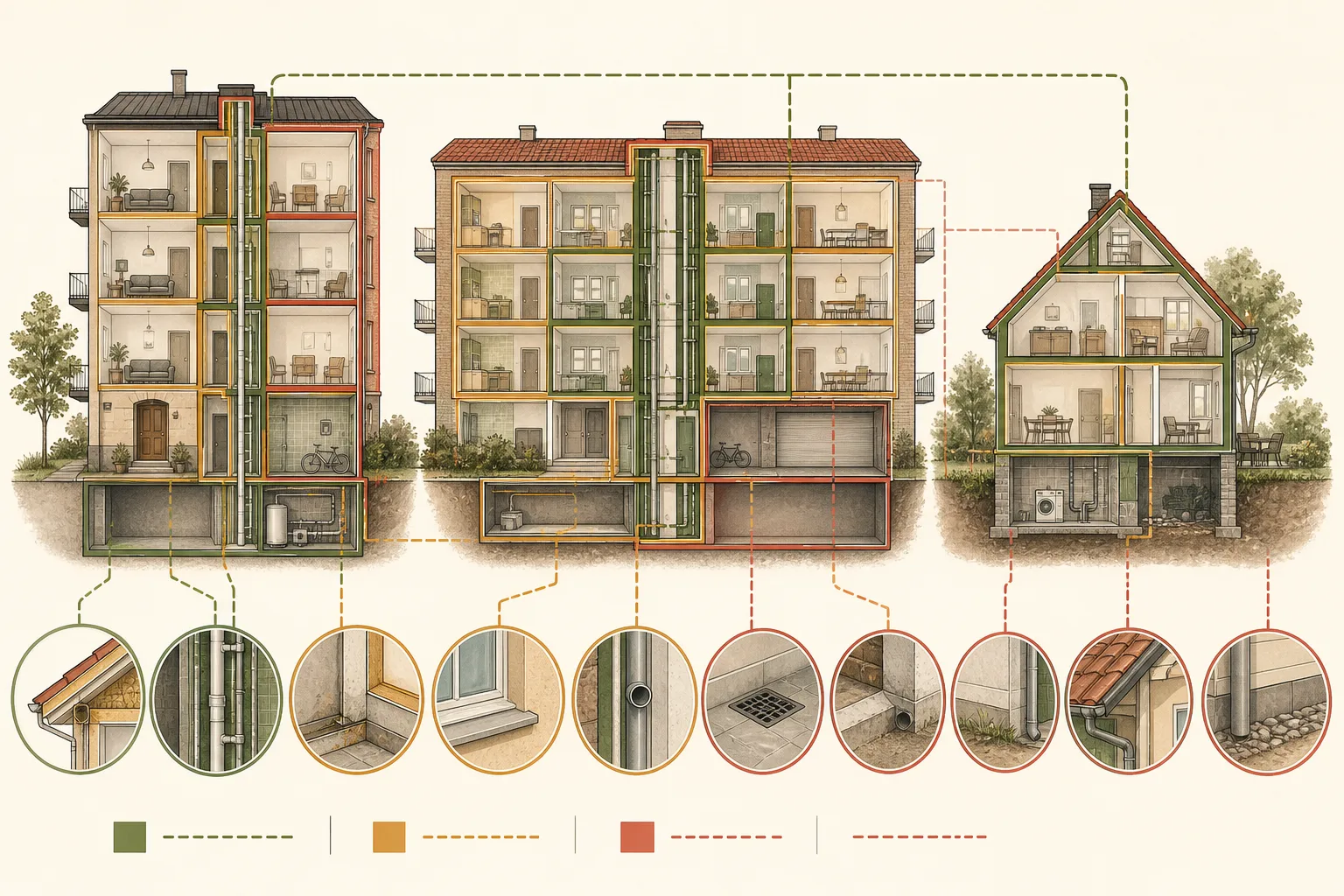 Illustration av hyreslägenhet, bostadsrätt och villa med markerade gemensamma och privata byggnadsdelar.