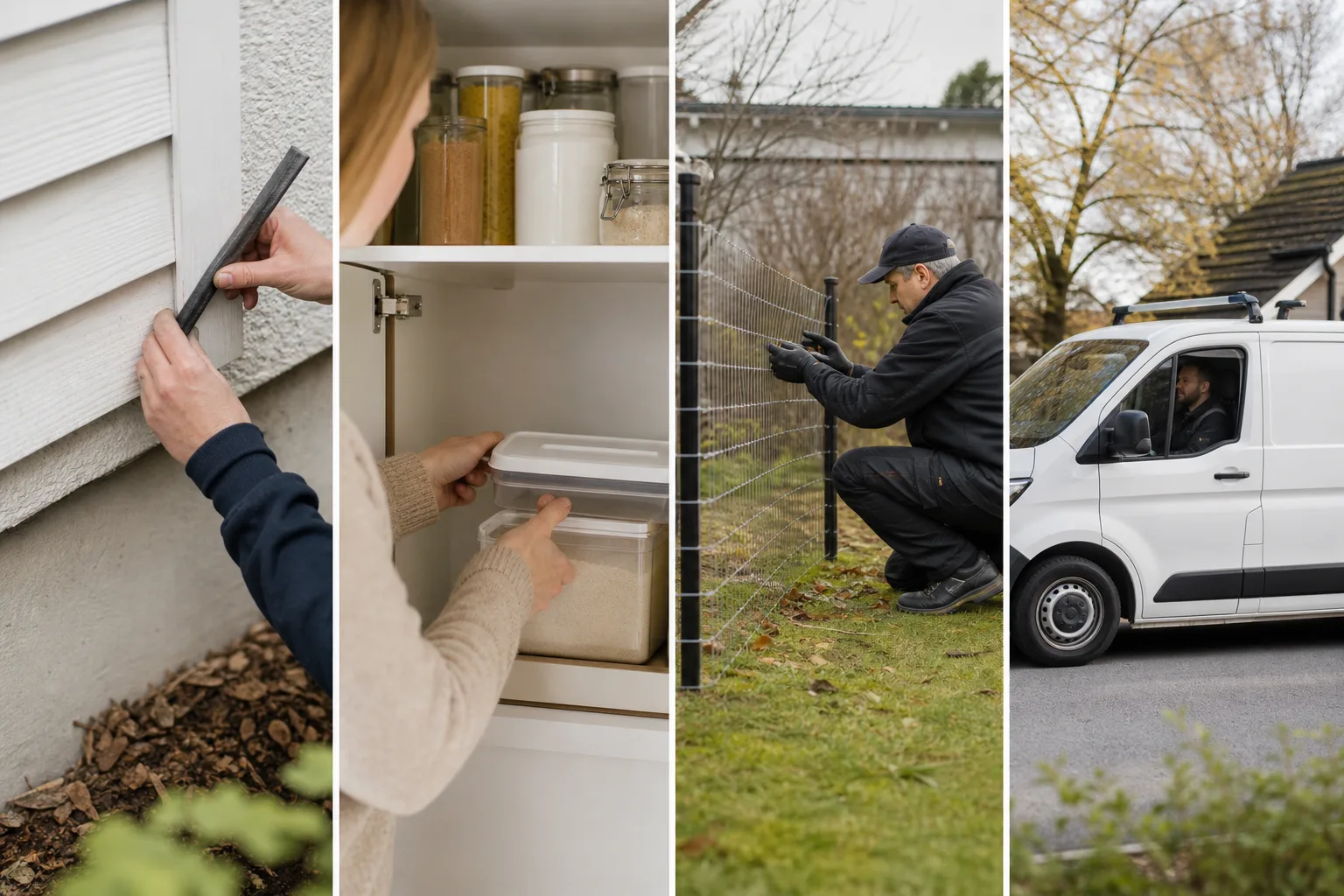 Fyra textfria vägval med tätning, förvaring, barriär och service.