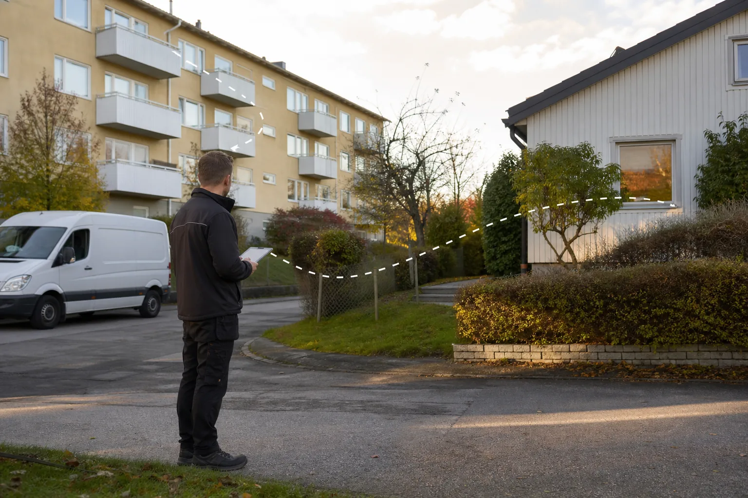 Flerbostadshus, villa och neutral servicebil.
