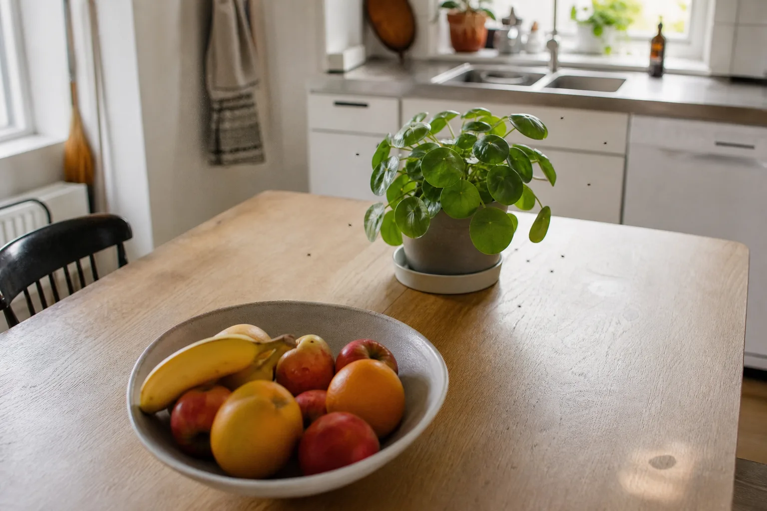 Köksbord med frukt, krukväxt och diskho som tre olika möjliga fyndplatser.