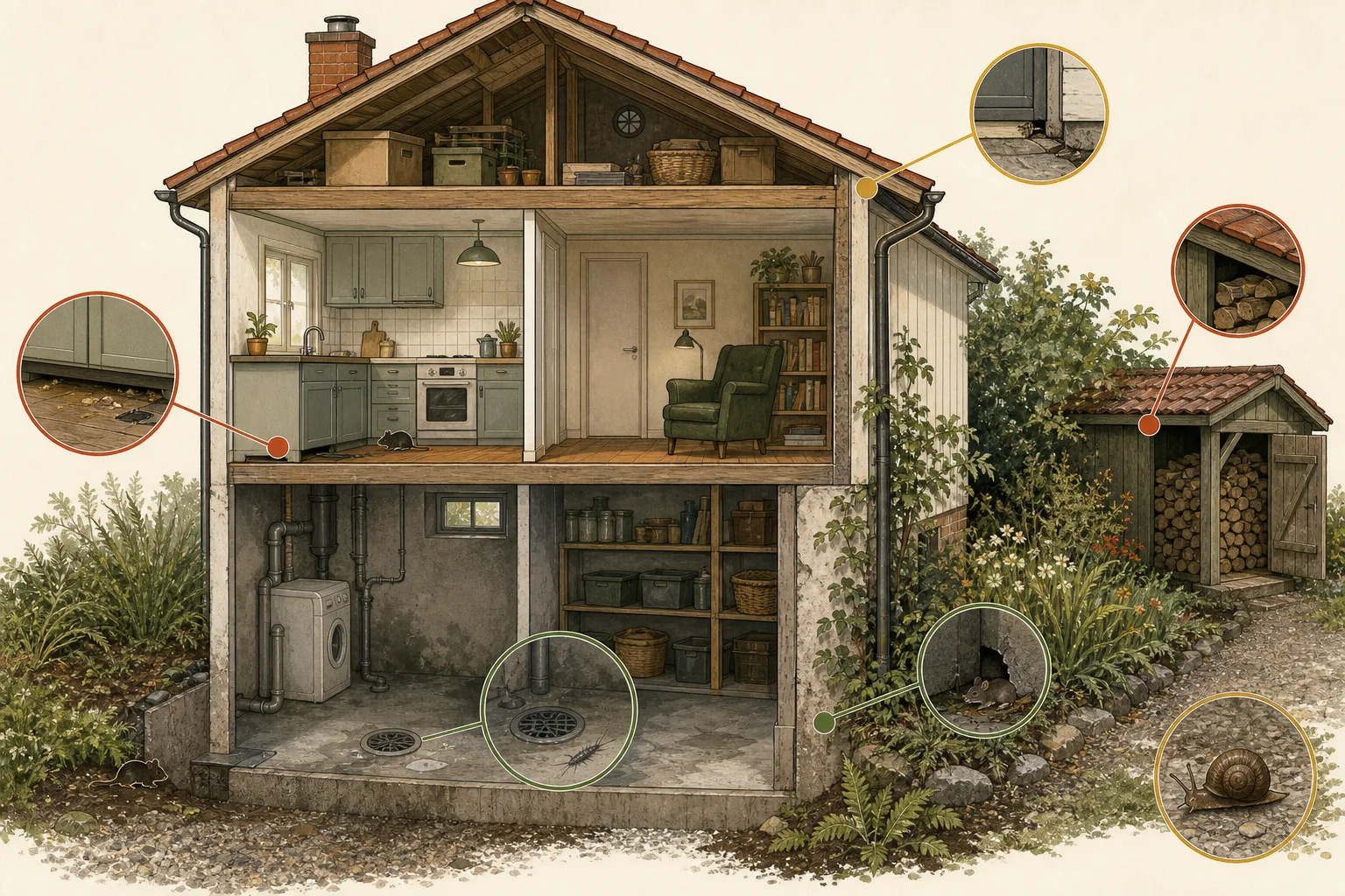 Illustrerad genomskärning av hus och trädgård med markerade möjliga intrångsvägar och miljöfaktorer.