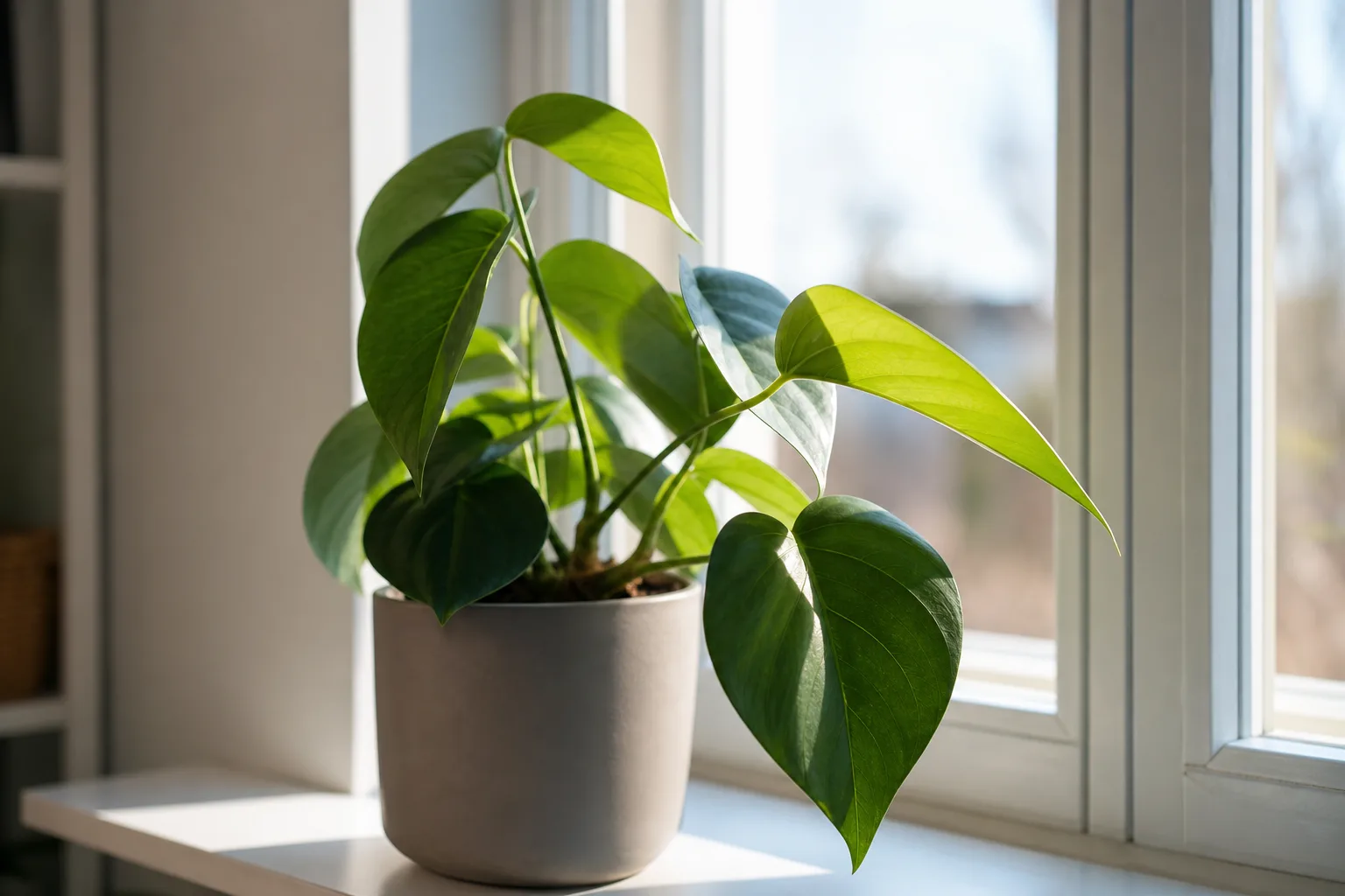 Grön krukväxt nära ett fönster med synliga blad och jordyta.