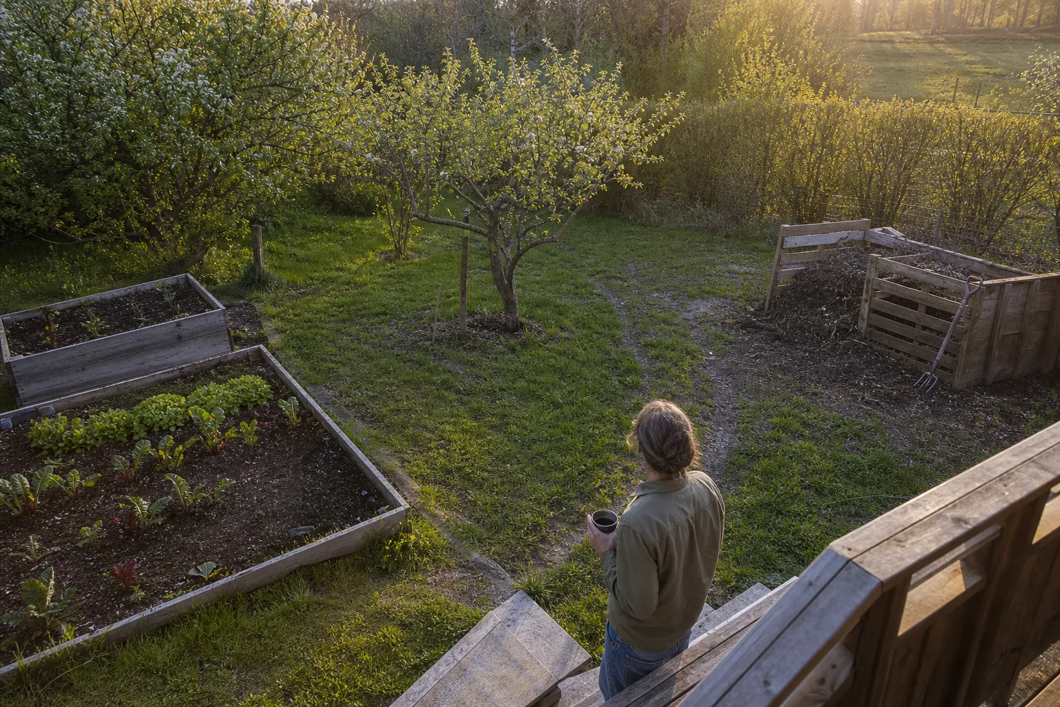Svensk villaträdgård med köksland, fruktträd och olika diskreta spår i marken.