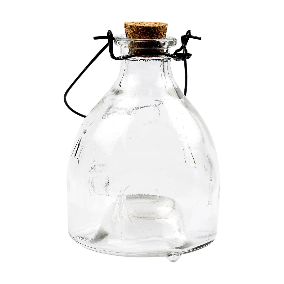 Klar getingfälla i glas med metallupphänge och korkpropp